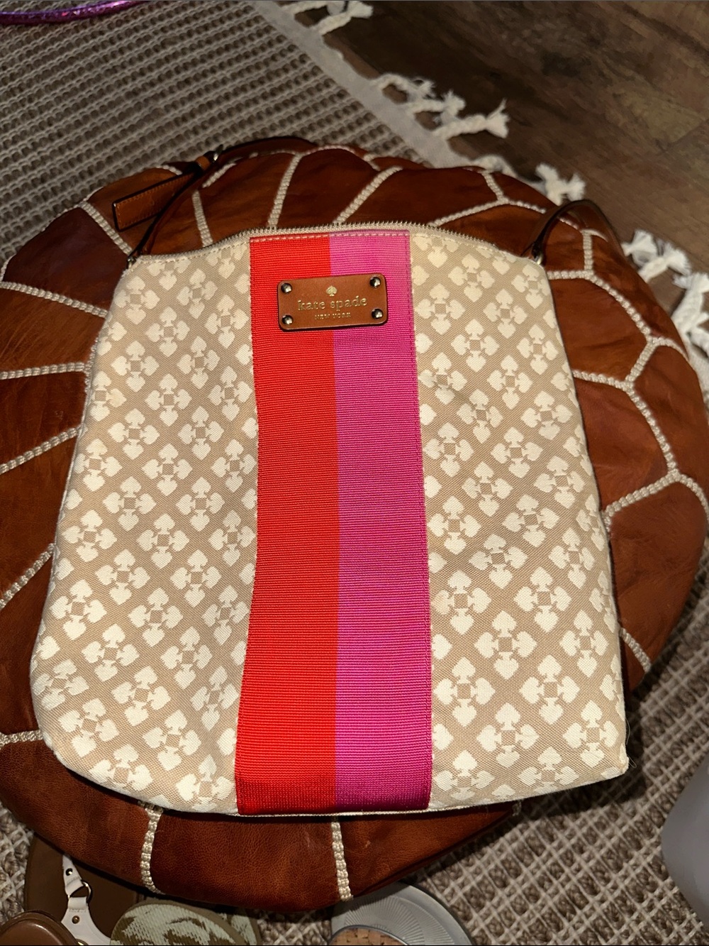 kate spade beige crossbody with red & pink center stripe with or without wallet